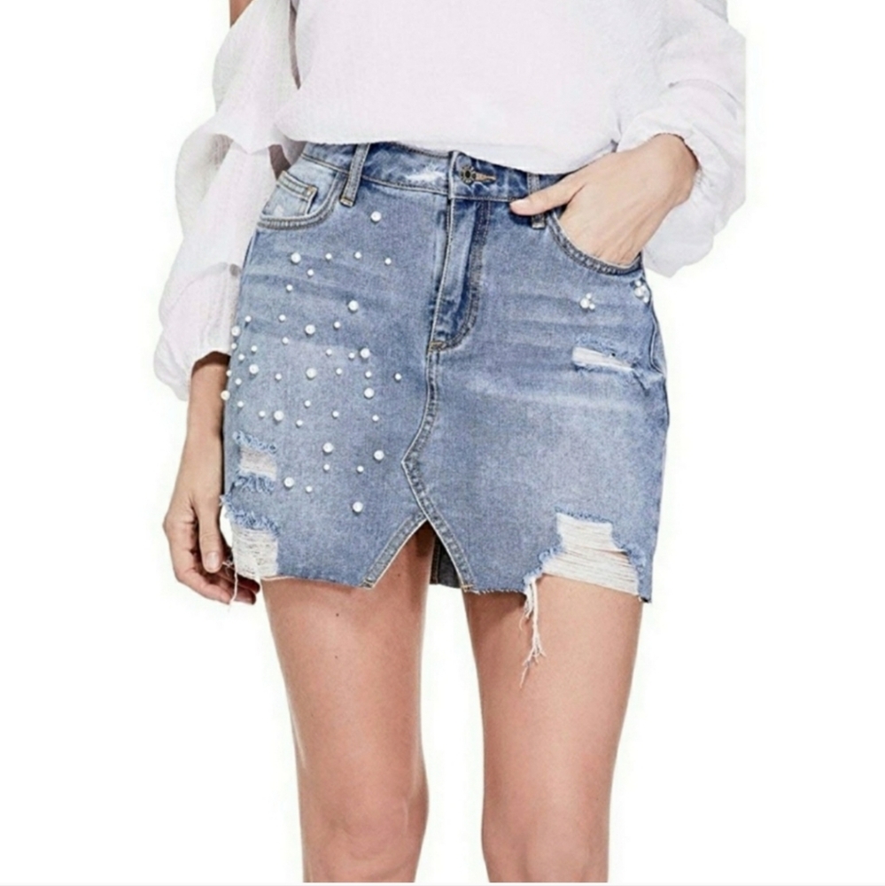 Guess Blue Distressed Pearl Denim Mini Skirt Sz 26